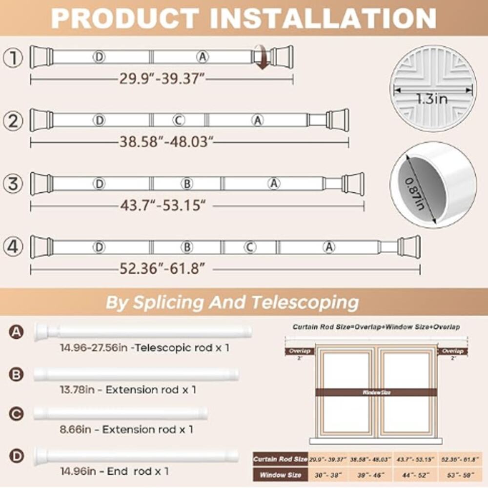 NEW Set of 2: Adjustable Spring Curtain Rod, Spring Loaded for Window- White - Picture 4 of 6